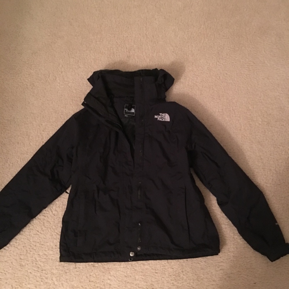 Black (dark blue tone) north face rain jacket women's medium